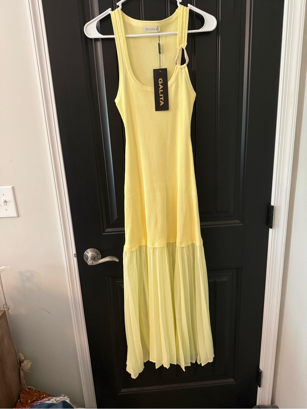 Galita NWT Yellow Sleeveless Maxi Dress with Pleated Mesh Hem and Metal Accent M